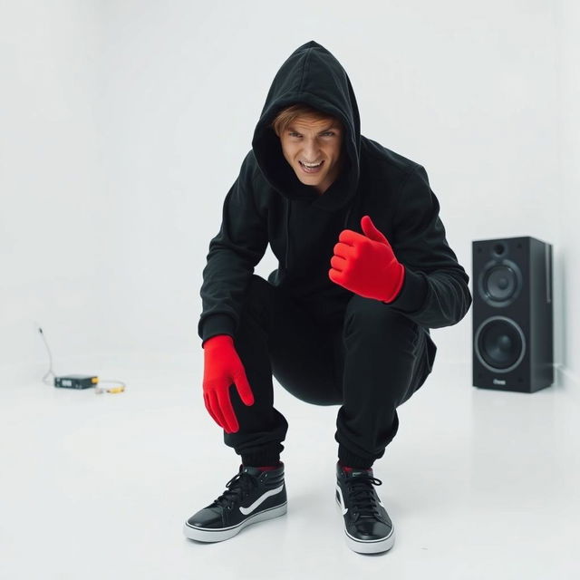 An angry teenager dressed entirely in black, wearing black shoes and a black hoodie with the hood up, his face partially obscured