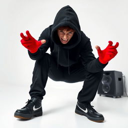 An angry teenager dressed entirely in black, wearing black shoes and a black hoodie with the hood up, his face partially obscured