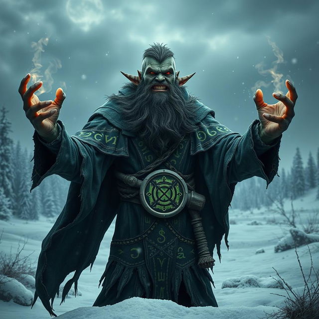 An evil orc mage standing menacingly in a snowy landscape, wearing a dark and tattered robe adorned with intricate, glowing runes