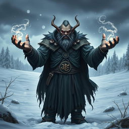 An evil orc mage standing menacingly in a snowy landscape, wearing a dark and tattered robe adorned with intricate, glowing runes