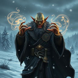 An evil orc mage standing menacingly in a snowy landscape, wearing a dark and tattered robe adorned with intricate, glowing runes