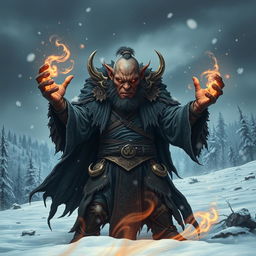 An evil orc mage standing menacingly in a snowy landscape, wearing a dark and tattered robe adorned with intricate, glowing runes