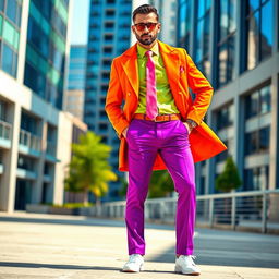 A stylish man dressed in an eye-catching outfit featuring a vibrant orange coat, bright purple trousers, a refreshing lime green shirt, crisp white shoes, and a bold pink tie