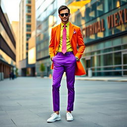 A stylish man dressed in an eye-catching outfit featuring a vibrant orange coat, bright purple trousers, a refreshing lime green shirt, crisp white shoes, and a bold pink tie