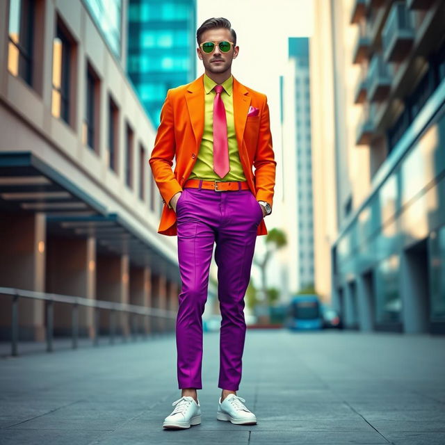 A stylish man dressed in an eye-catching outfit featuring a vibrant orange coat, bright purple trousers, a refreshing lime green shirt, crisp white shoes, and a bold pink tie