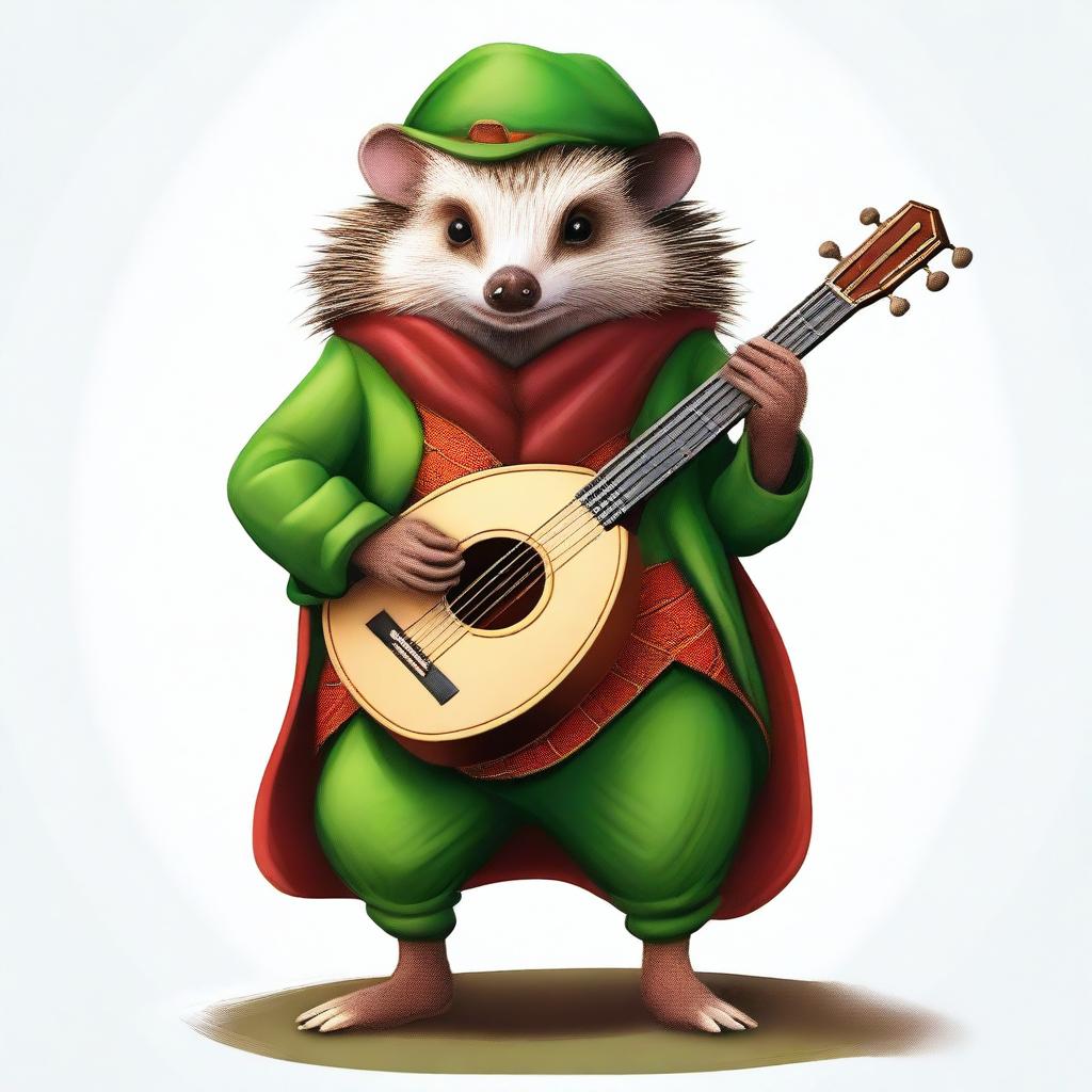 A high-quality digital art image of a brown hedgehog bard, clad in green and red clothes