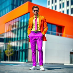 A stylish man dressed in an eye-catching outfit featuring a vibrant orange coat, bright purple trousers, a refreshing lime green shirt, crisp white shoes, and a bold pink tie
