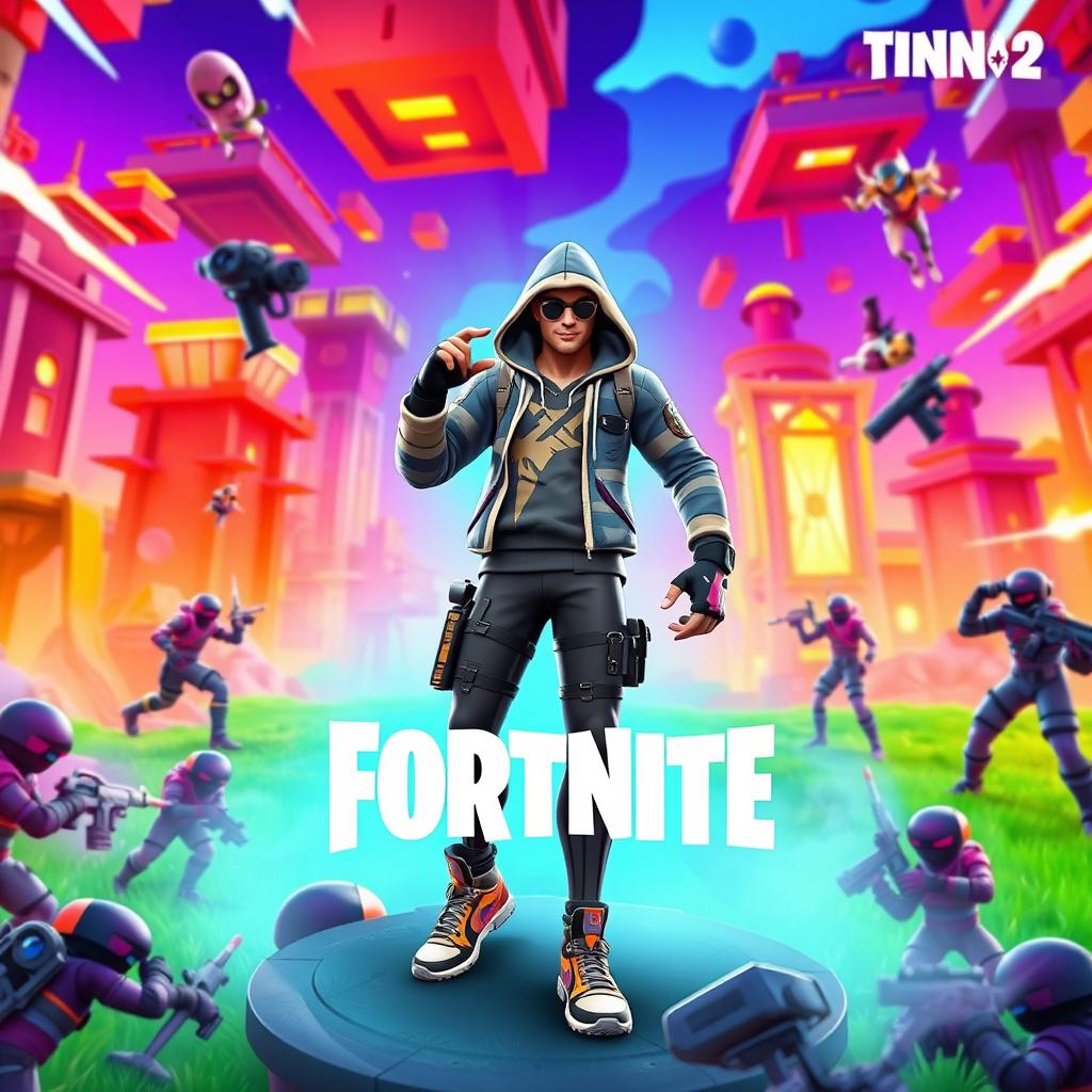 Energetic Fortnite thumbnail featuring the character skin of Rubius, set in a vibrant and colorful virtual battlefield