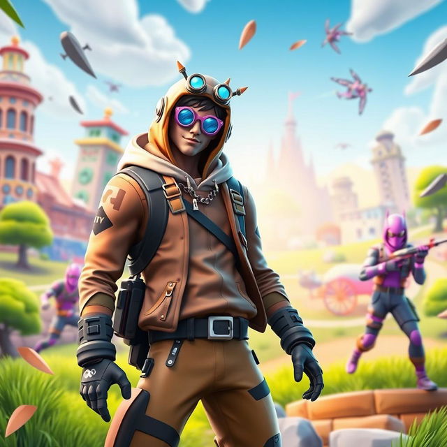 Energetic Fortnite thumbnail featuring the character skin of Rubius, set in a vibrant and colorful virtual battlefield