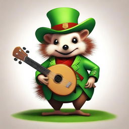 A high-quality digital art image of a brown hedgehog bard, clad in green and red clothes