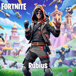 Energetic Fortnite thumbnail featuring the character skin of Rubius, set in a vibrant and colorful virtual battlefield