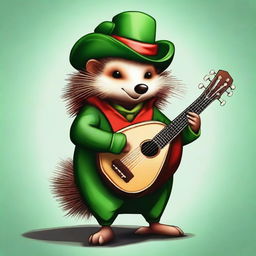 A high-quality digital art image of a brown hedgehog bard, clad in green and red clothes