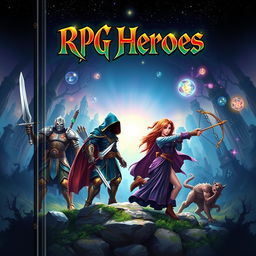 A captivating book cover design for 'RPG Heroes', featuring a group of diverse fantasy heroes standing together, showcasing a tall, muscular warrior in shining armor wielding a sword, a stealthy rogue with shadowy attire holding dual daggers, a wise sorceress with flowing robes casting a spell, and an agile archer aiming their bow