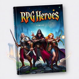 A captivating book cover design for 'RPG Heroes', featuring a group of diverse fantasy heroes standing together, showcasing a tall, muscular warrior in shining armor wielding a sword, a stealthy rogue with shadowy attire holding dual daggers, a wise sorceress with flowing robes casting a spell, and an agile archer aiming their bow