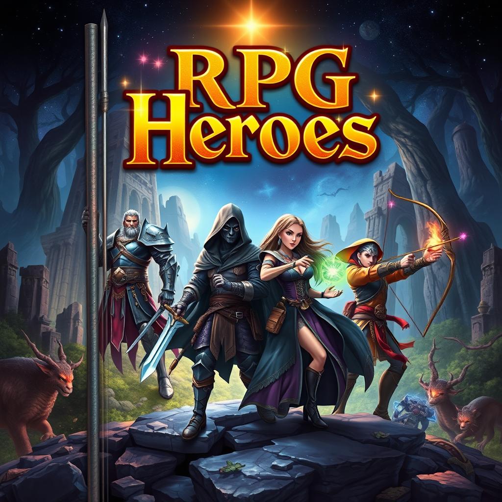 A captivating book cover design for 'RPG Heroes', featuring a group of diverse fantasy heroes standing together, showcasing a tall, muscular warrior in shining armor wielding a sword, a stealthy rogue with shadowy attire holding dual daggers, a wise sorceress with flowing robes casting a spell, and an agile archer aiming their bow