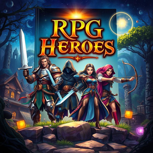 A captivating book cover design for 'RPG Heroes', featuring a group of diverse fantasy heroes standing together, showcasing a tall, muscular warrior in shining armor wielding a sword, a stealthy rogue with shadowy attire holding dual daggers, a wise sorceress with flowing robes casting a spell, and an agile archer aiming their bow