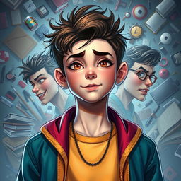 A teenage character with an intelligent appearance, showcasing multiple personalities