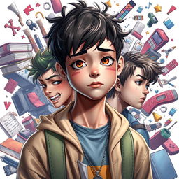A teenage character with an intelligent appearance, showcasing multiple personalities
