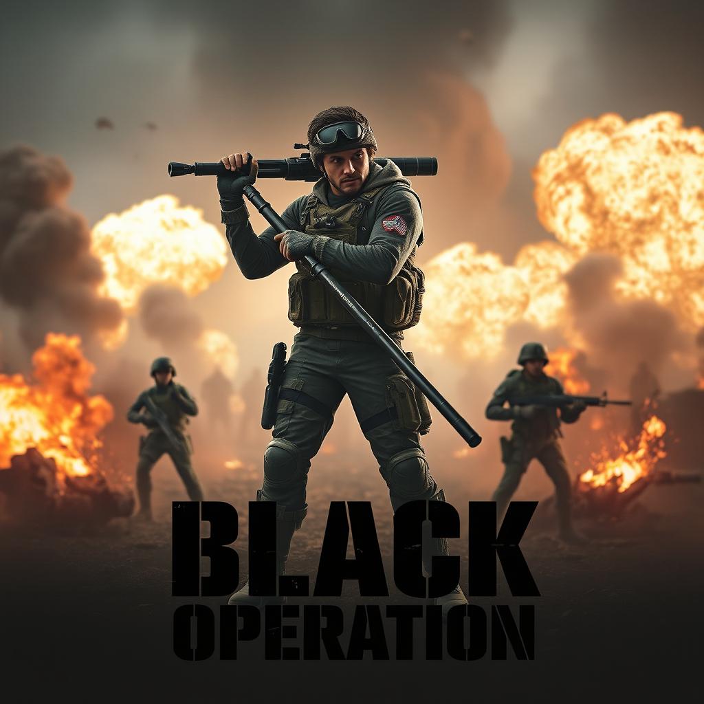 A dramatic war scene featuring a central character poised in the middle of the image