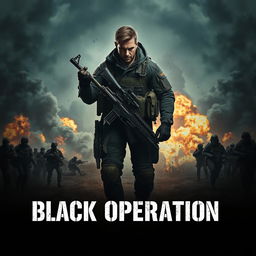 A dramatic war scene featuring a central character poised in the middle of the image