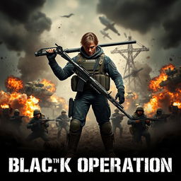 A dramatic war scene featuring a central character poised in the middle of the image