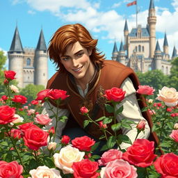 A handsome prince with brown hair, gently tending to a rose garden near a majestic castle