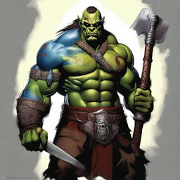 This digital art piece showcases an adult male half-orc barbarian