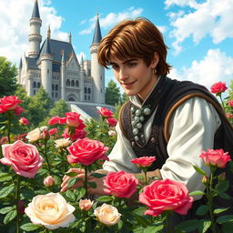 A handsome prince with brown hair, gently tending to a rose garden near a majestic castle