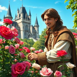 A handsome prince with brown hair, gently tending to a rose garden near a majestic castle