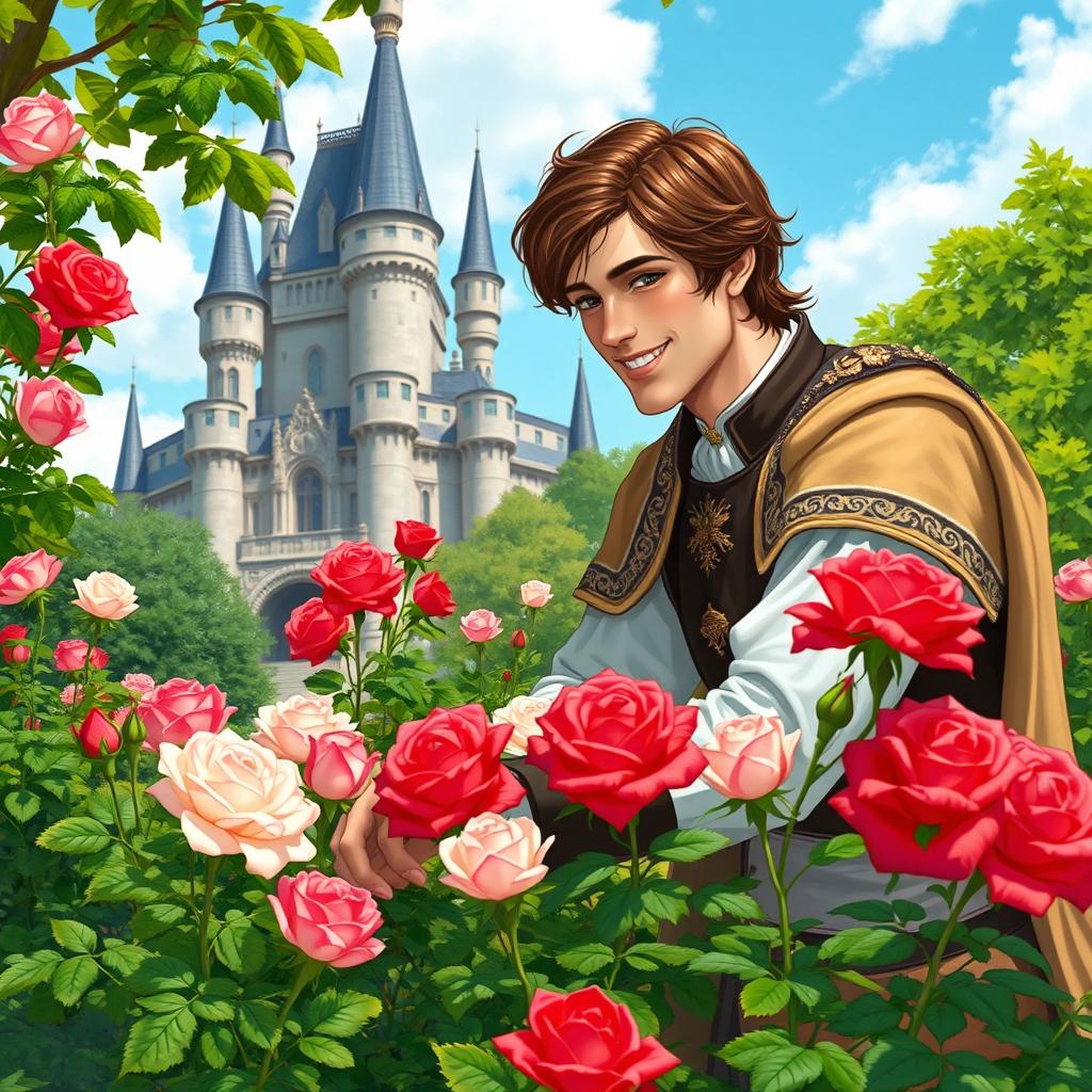 A handsome prince with brown hair, gently tending to a rose garden near a majestic castle