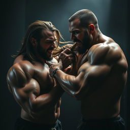 A dramatic and intense scene showcasing two muscular men in a passionate struggle, with one man forcefully pulling the long hair of the other