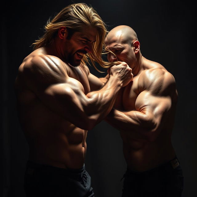 A dramatic and intense scene showcasing two muscular men in a passionate struggle, with one man forcefully pulling the long hair of the other