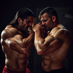 A dramatic and intense scene showcasing two muscular men in a passionate struggle, with one man forcefully pulling the long hair of the other