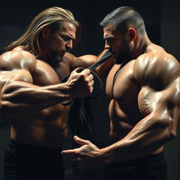 A dramatic and intense scene showcasing two muscular men in a passionate struggle, with one man forcefully pulling the long hair of the other