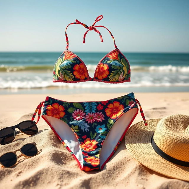 A stylish and colorful bikini set displayed on a sandy beach, with vibrant patterns and intricate details