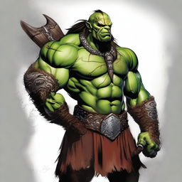 This digital art piece showcases an adult male half-orc barbarian