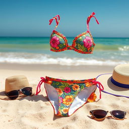 A stylish and colorful bikini set displayed on a sandy beach, with vibrant patterns and intricate details