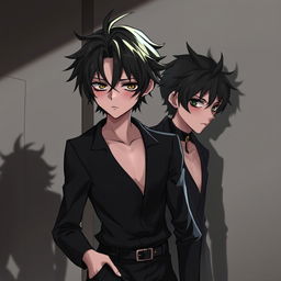 A teenage character with multiple personalities, wearing a sleek black outfit