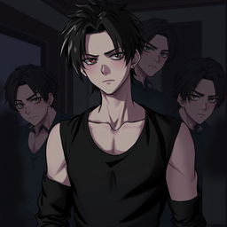 A teenage character with multiple personalities, wearing a sleek black outfit