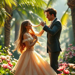 A scene featuring a beautiful princess with long flowing hair, dressed in an elegant gown, experiencing a moment of playful hair pulling by a charismatic man in a romantic setting