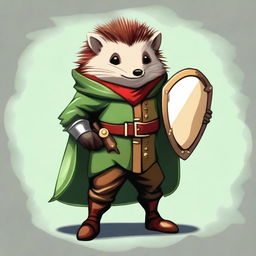 A high-quality digital art image of a brown hedgehog bard, clad in green and red clothes, holding a round shield