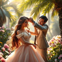 A scene featuring a beautiful princess with long flowing hair, dressed in an elegant gown, experiencing a moment of playful hair pulling by a charismatic man in a romantic setting
