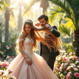 A scene featuring a beautiful princess with long flowing hair, dressed in an elegant gown, experiencing a moment of playful hair pulling by a charismatic man in a romantic setting