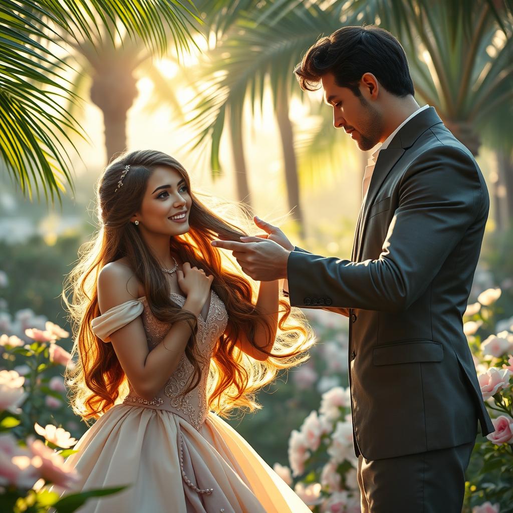 A scene featuring a beautiful princess with long flowing hair, dressed in an elegant gown, experiencing a moment of playful hair pulling by a charismatic man in a romantic setting