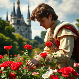 A handsome prince with luscious brown hair, wearing a regal outfit, tenderly planting vibrant red roses in a lush green garden near an elegant castle