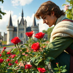 A handsome prince with luscious brown hair, wearing a regal outfit, tenderly planting vibrant red roses in a lush green garden near an elegant castle