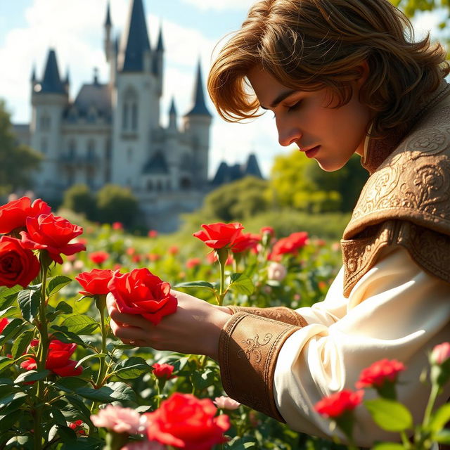 A handsome prince with luscious brown hair, wearing a regal outfit, tenderly planting vibrant red roses in a lush green garden near an elegant castle