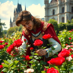 A handsome prince with luscious brown hair, wearing a regal outfit, tenderly planting vibrant red roses in a lush green garden near an elegant castle