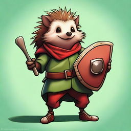 A high-quality digital art image of a brown hedgehog bard, clad in green and red clothes, holding a round shield