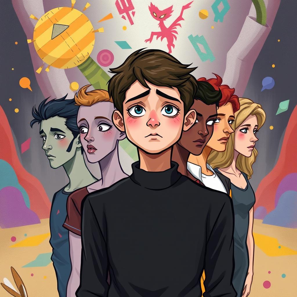 A smart teenager wearing a black outfit, showcasing their struggle with dissociative identity disorder, represented by eight distinct personalities